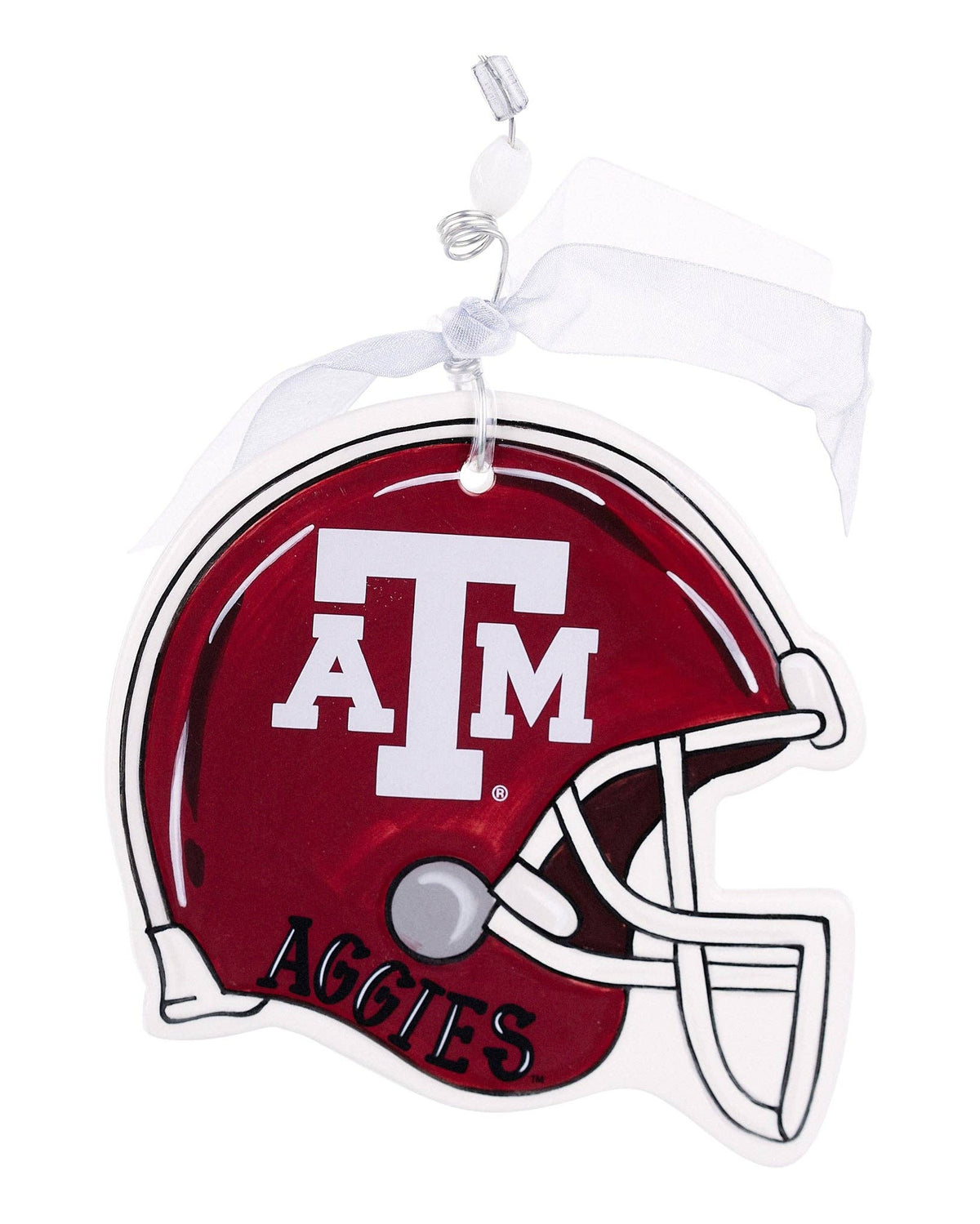 Christmas Cheer All Year ceramic Glory Haus Christmas ornament shaped like a Texas A&amp;M football helmet, featuring a glossy dark red shell with the white 'A&amp;M' logo and 'AGGIES' text,