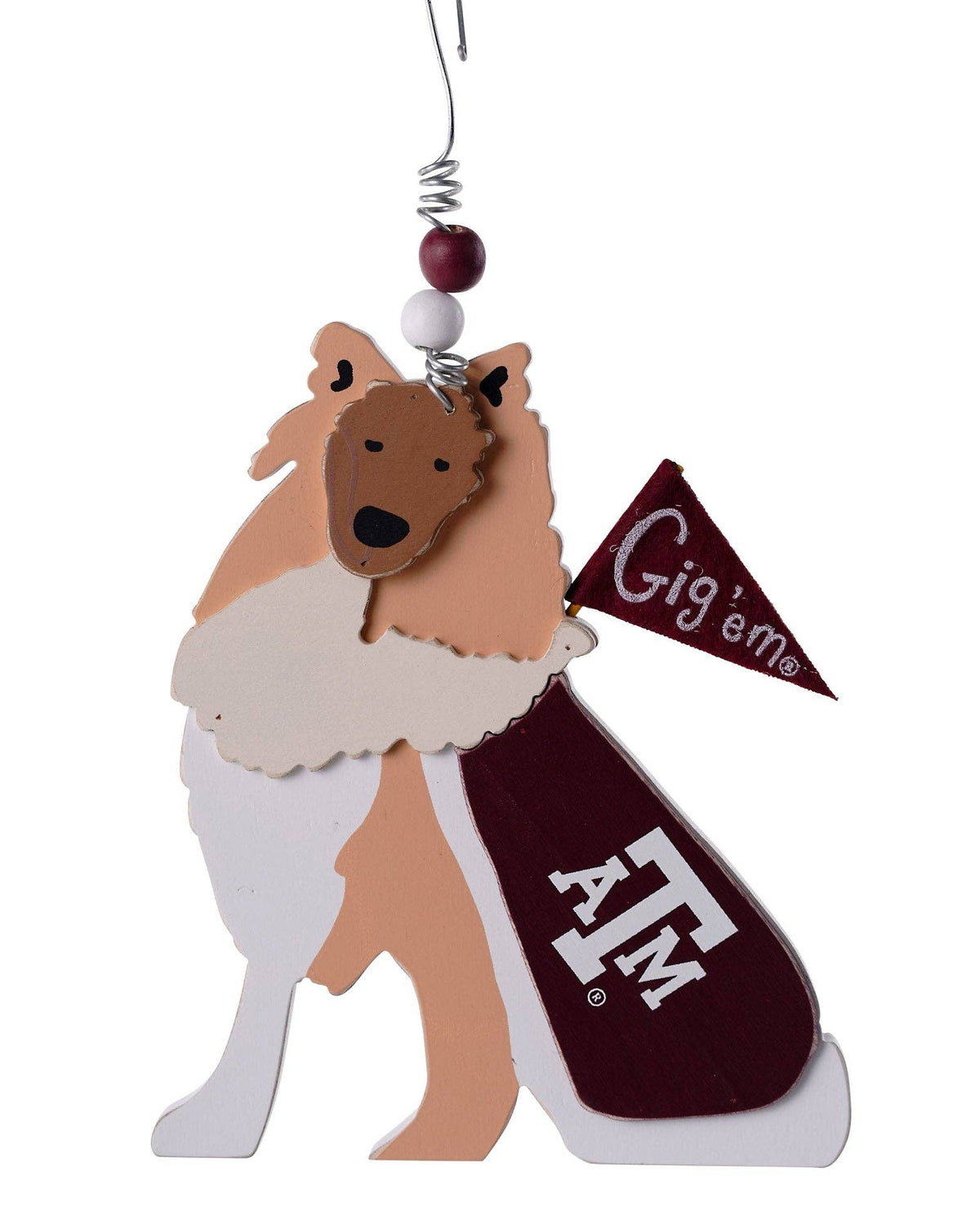 Christmas Cheer All Year Decorative Texas A&amp;M College wooden ornament of reveille dog wearing a maroon shirt with 'A&amp;M' and a pennant with 'Gig'em' 