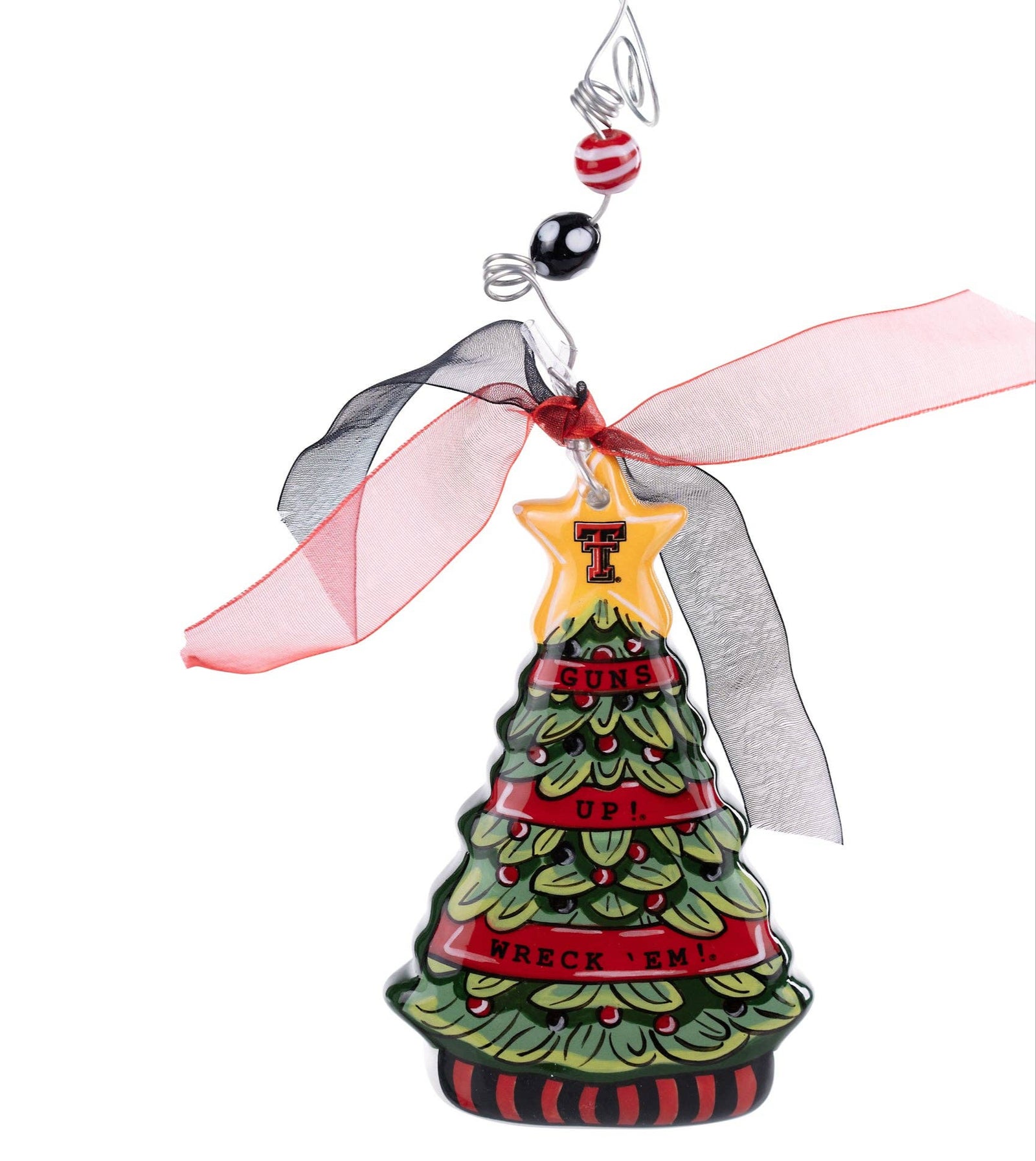 Christmas Cheer All Year Christmas tree ornament with red band and star on a white background