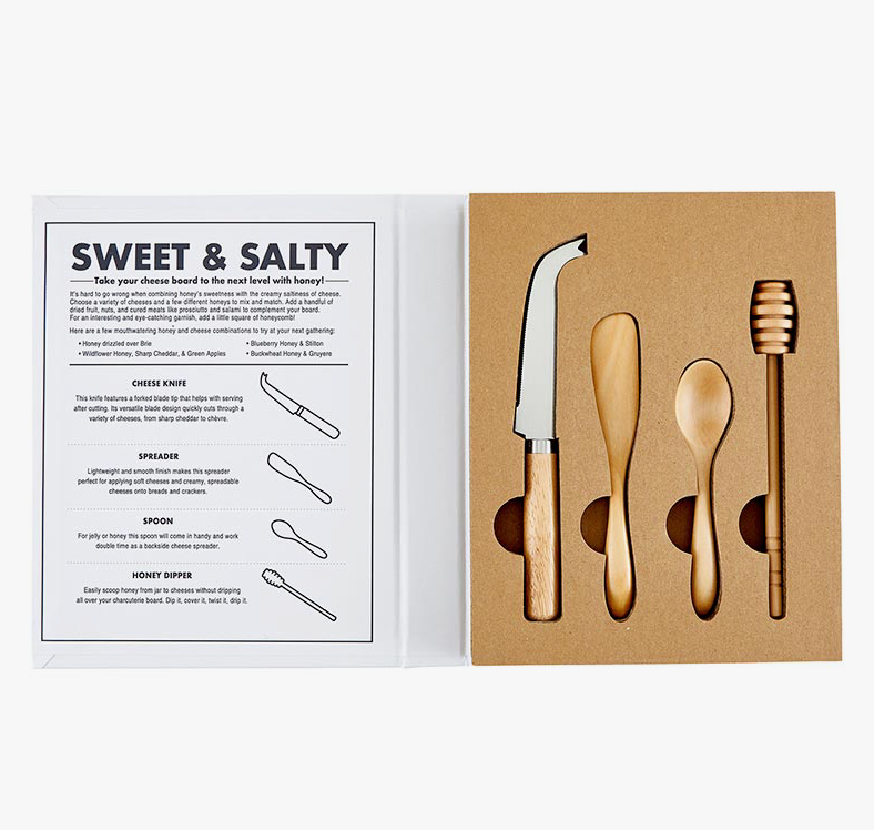 The Canton Christmas Shop Cheese and Honey Servingware Entertaining Book Gift Set with Knives Honey Stir Stick Recipes Christmas Holidays Entertaining Gift Box interior