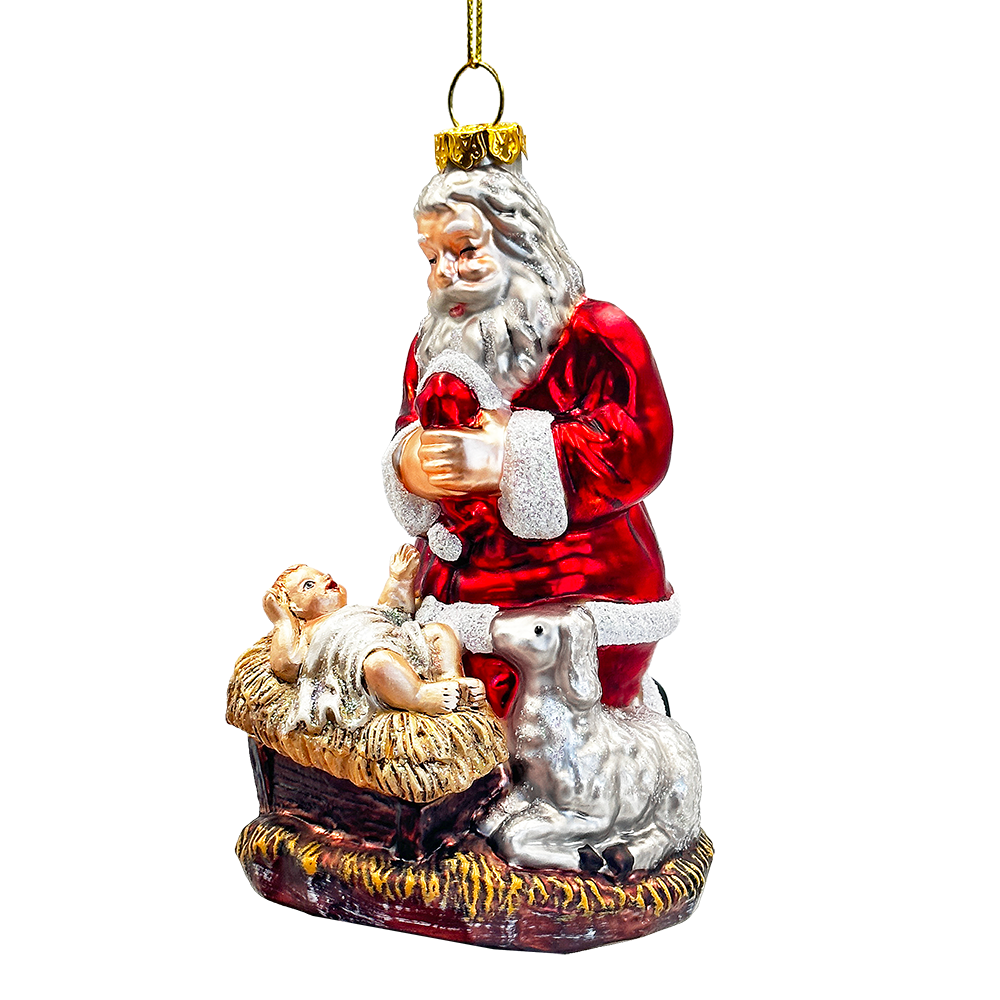 The Canton Christmas Shop Santa Kneeling by Jesus in Manger Glass Ornament Nativity Savior of the World Lamb of God