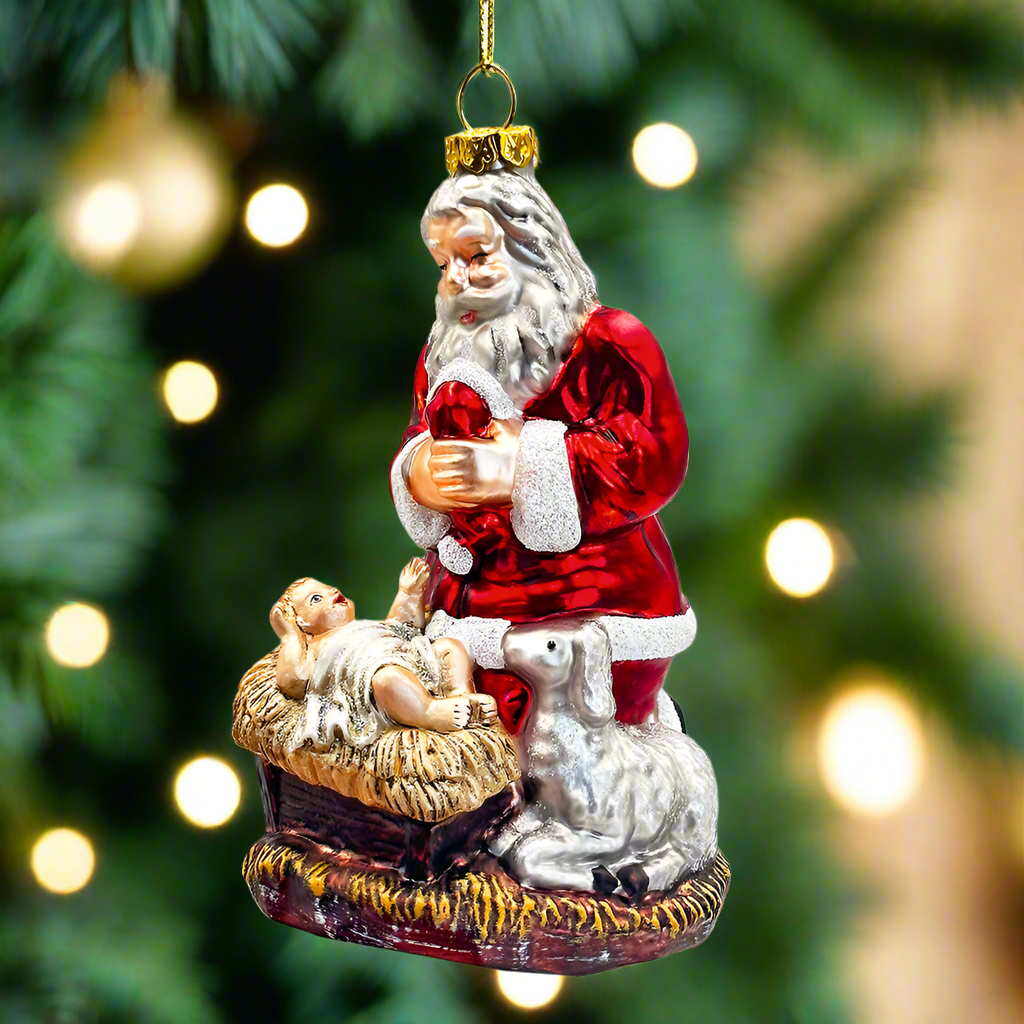 The Canton Christmas Shop Santa Kneeling by Jesus in Manger Glass Ornament Nativity Savior of the World Lamb of God