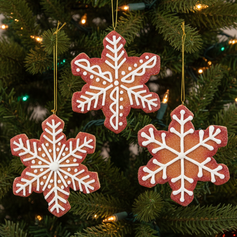 Christmas Cheer All Year Three snowflake-shaped gingerbread cookie ornaments with white icing bulk ornament set