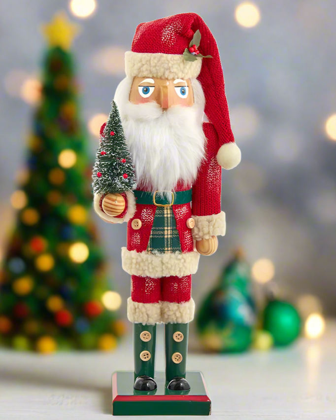 Christmas Cheer All Year 15" wooden santa nutcracker by Kurt adler german style with christmas tree woolen suit