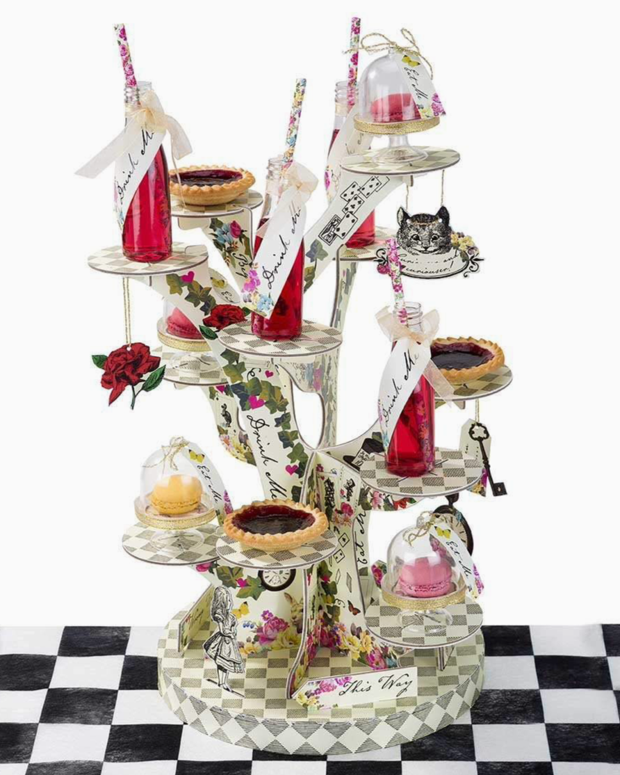 Christmas Cheer All Year Alice in Wonderland Tree Shaped Cupcake Stand with characters movie signs drink me eat me wrong way white rabbit Cheshire Cat pocket watch