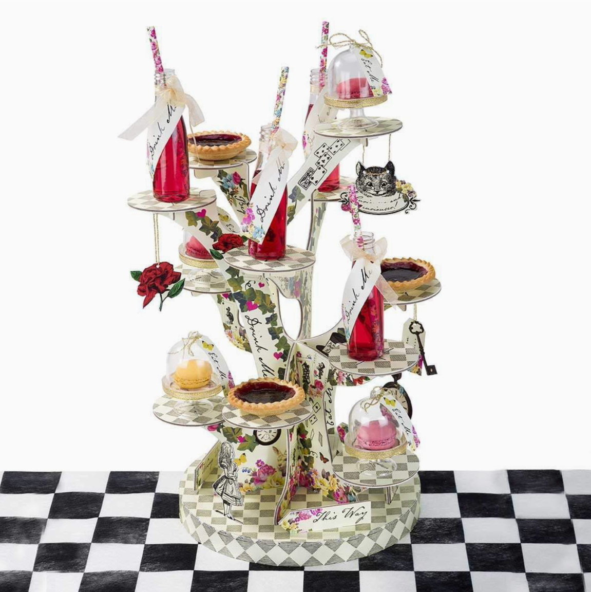 The Canton Christmas Shop Alice in Wonderland Tree Shaped Cupcake Stand with characters movie signs drink me eat me wrong way white rabbit Cheshire Cat pocket watch