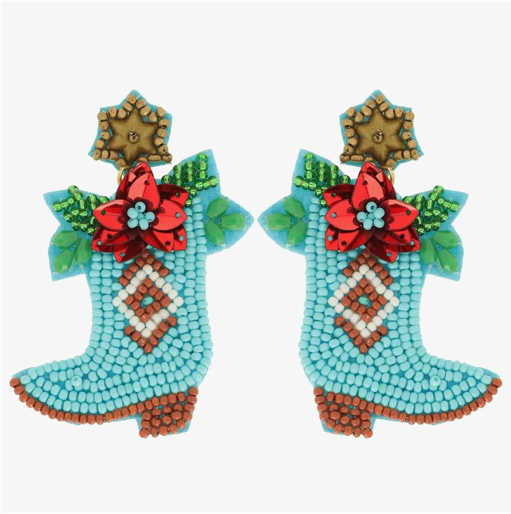 Christmas Cheer All Year Turquoise Poinsettia Cowboy Boot Dangle Earrings Seed Bead