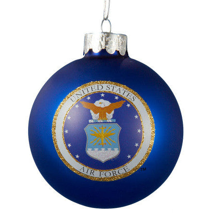 Christmas Cheer All Year officially licensed Blue glass ornament with United States Air Force emblem for America 250 anniversary