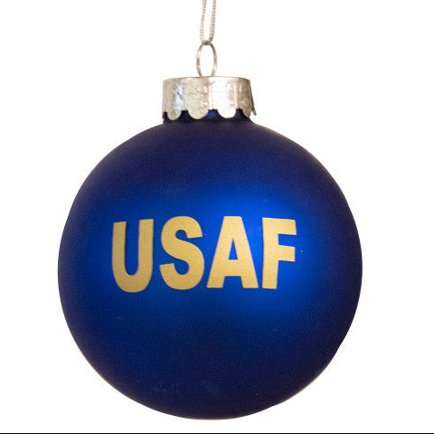 Christmas Cheer All Year officially licensed Blue glass ornament with United States Air Force emblem for America 250 anniversary