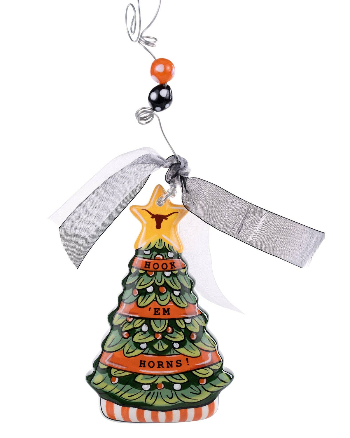 Christmas Cheer All Year University of Texas Ceramic Christmas Tree Ornament Hook Em Horns with Longhorn on top ribbons and bead D