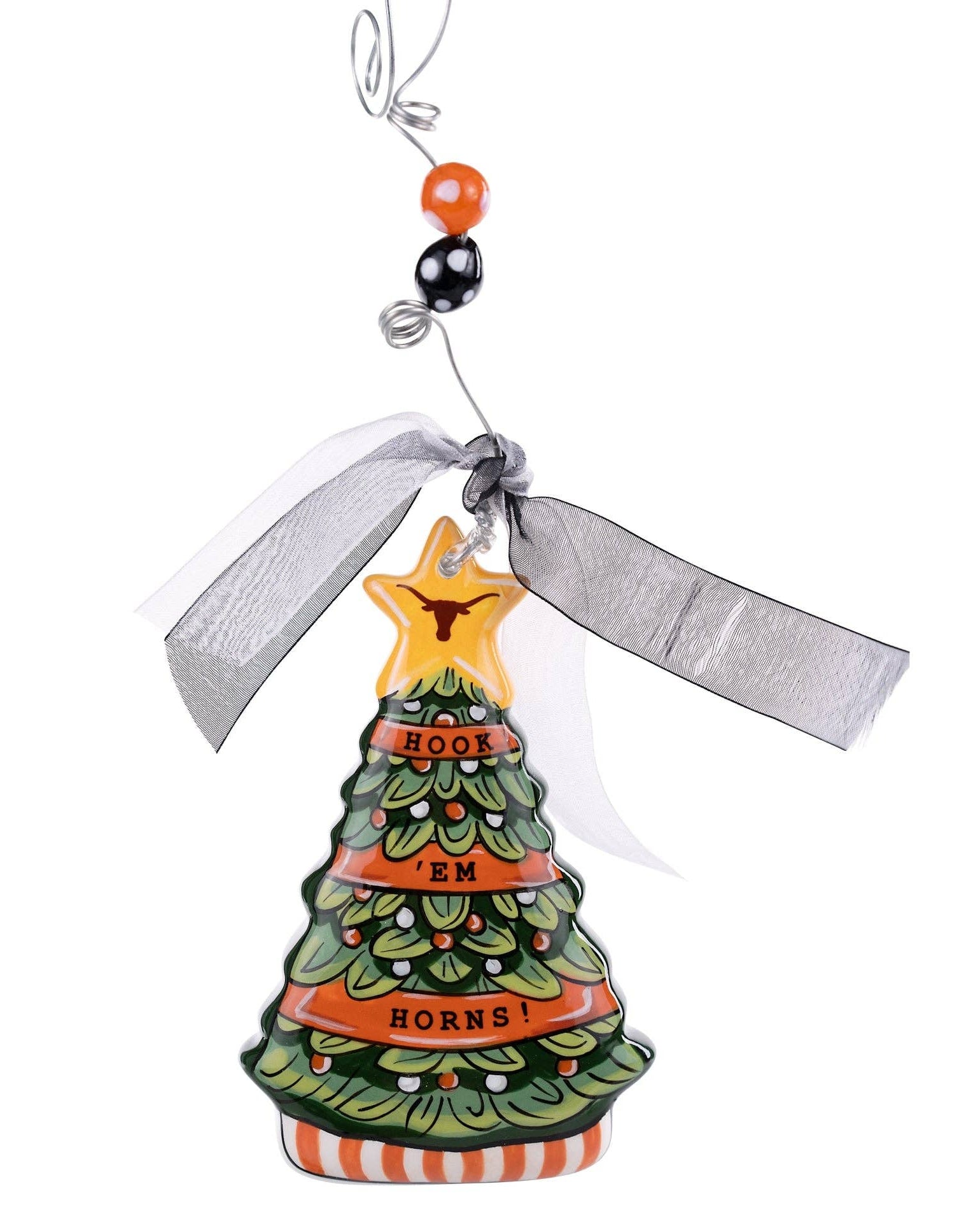 Christmas Cheer All Year University of Texas Ceramic Christmas Tree Ornament Hook Em Horns with Longhorn on top ribbons and bead D