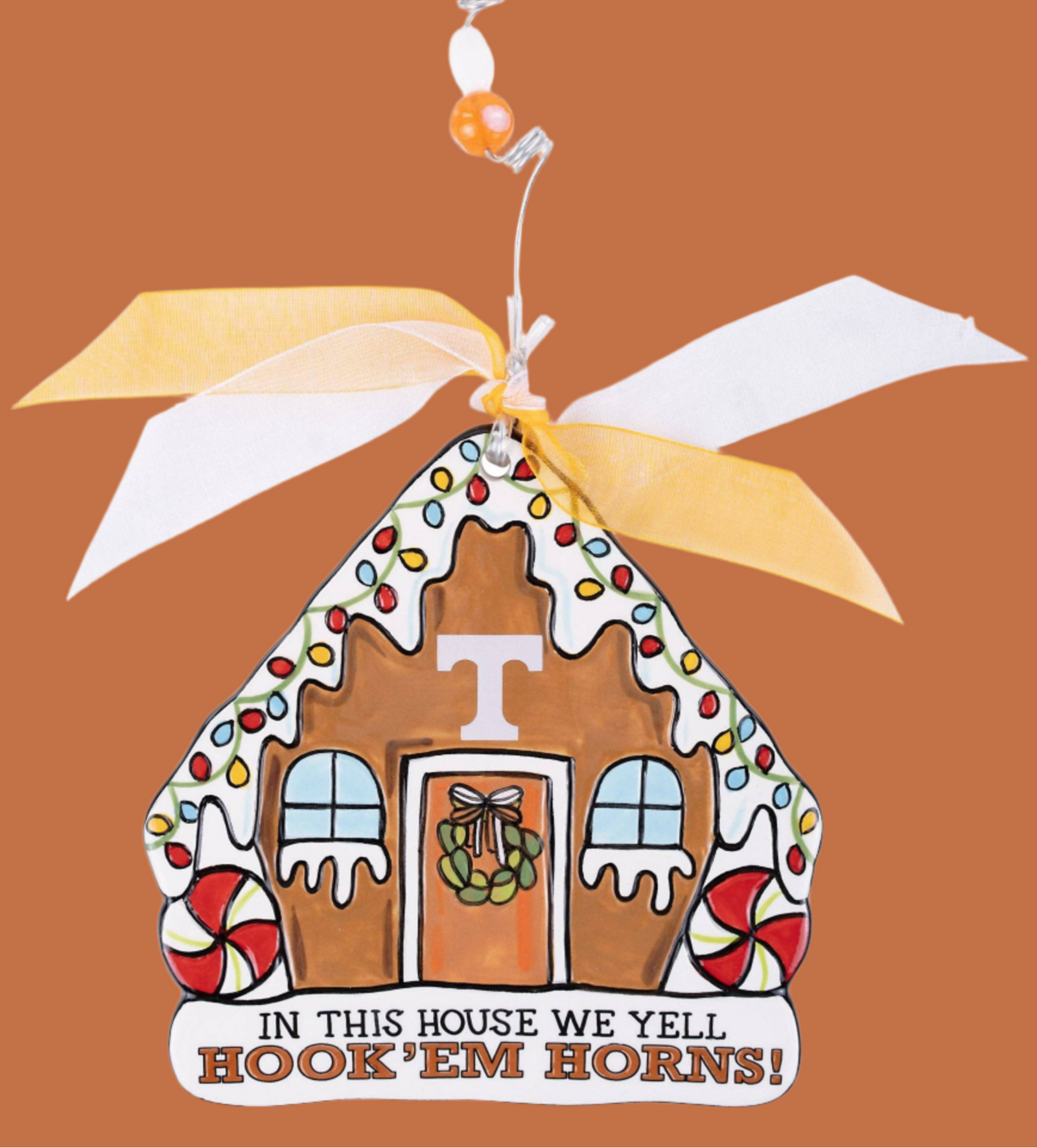Christmas Cheer All Year University of Texas licensed Christmas Ornament In This House We Yell Hook 'Em Horns Flat Ornament by Glory Haus