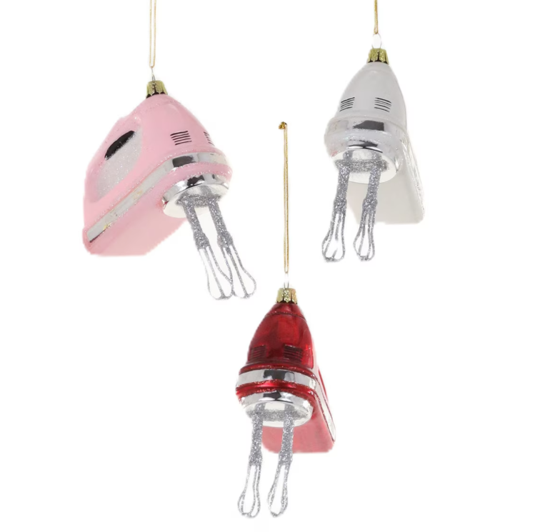 Christmas Cheer All Year Vintage Glittered Hand Mixer Ornaments in Pink Red White Classic Baking Cookie Making