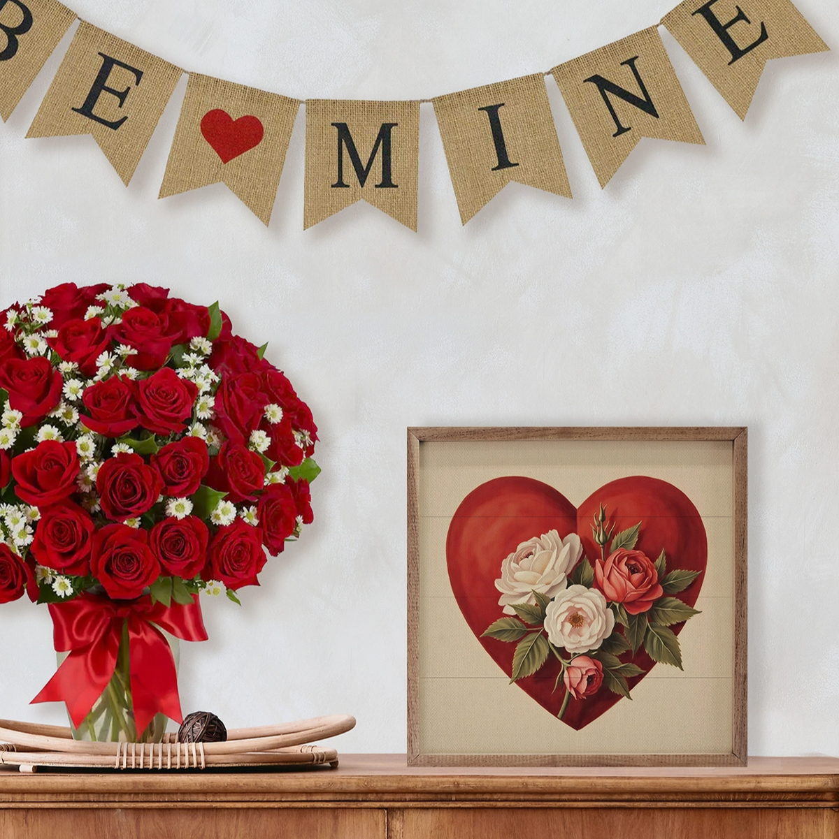 The Canton Christmas Shop Vintage Heart and Roses Wall Art Retro Valentine's Card Midcentury Look Box Sign