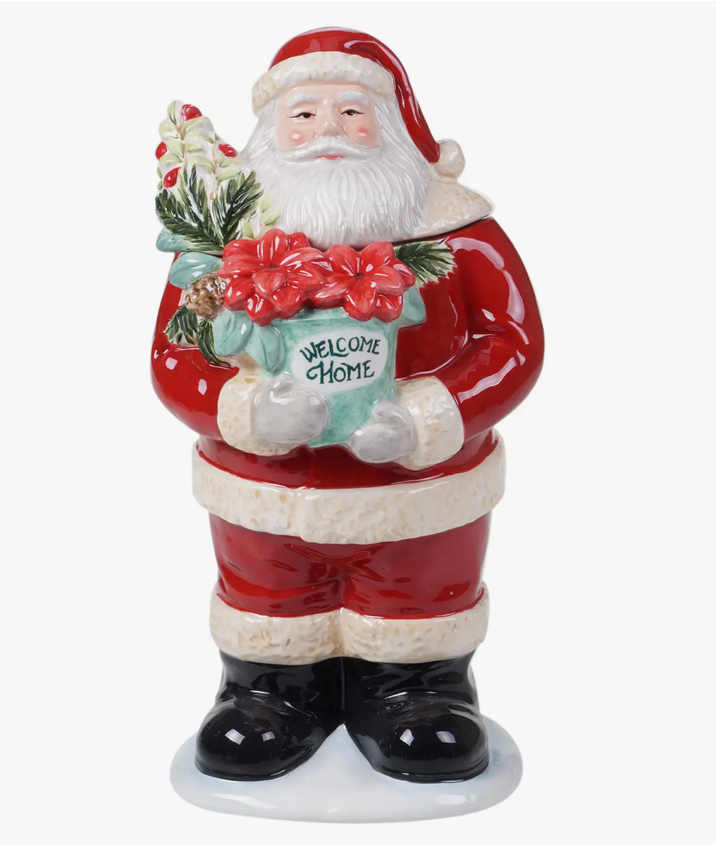 The Canton Christmas Shop Welcome Home Santa Cookie Jar Holding Poinsettia Flowers