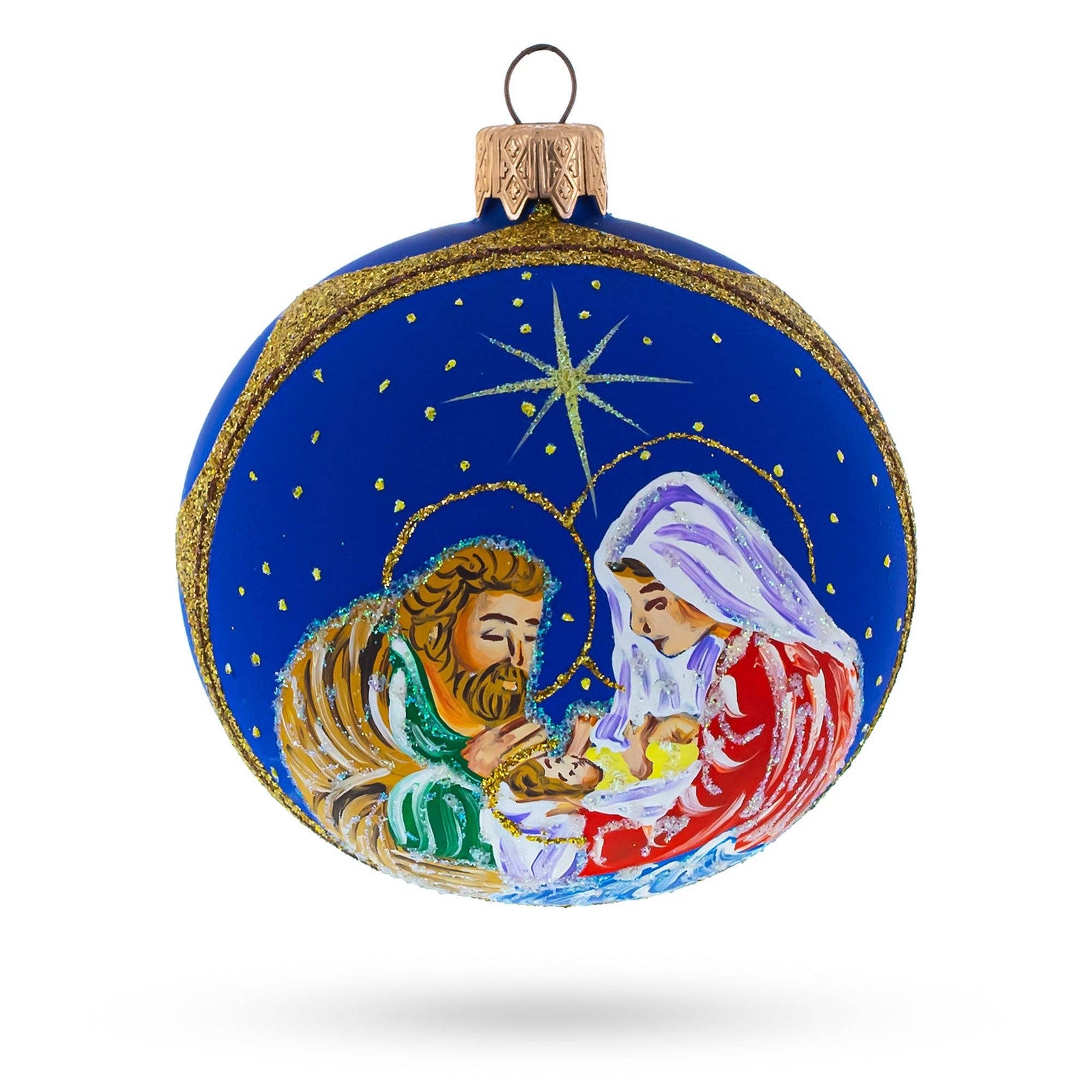 The Canton Christmas Shop Welcoming the Christ Child Glass Ball Ornament handpainted old world Ukraine Joseph Mary baby Jesus Nativity Glittered
