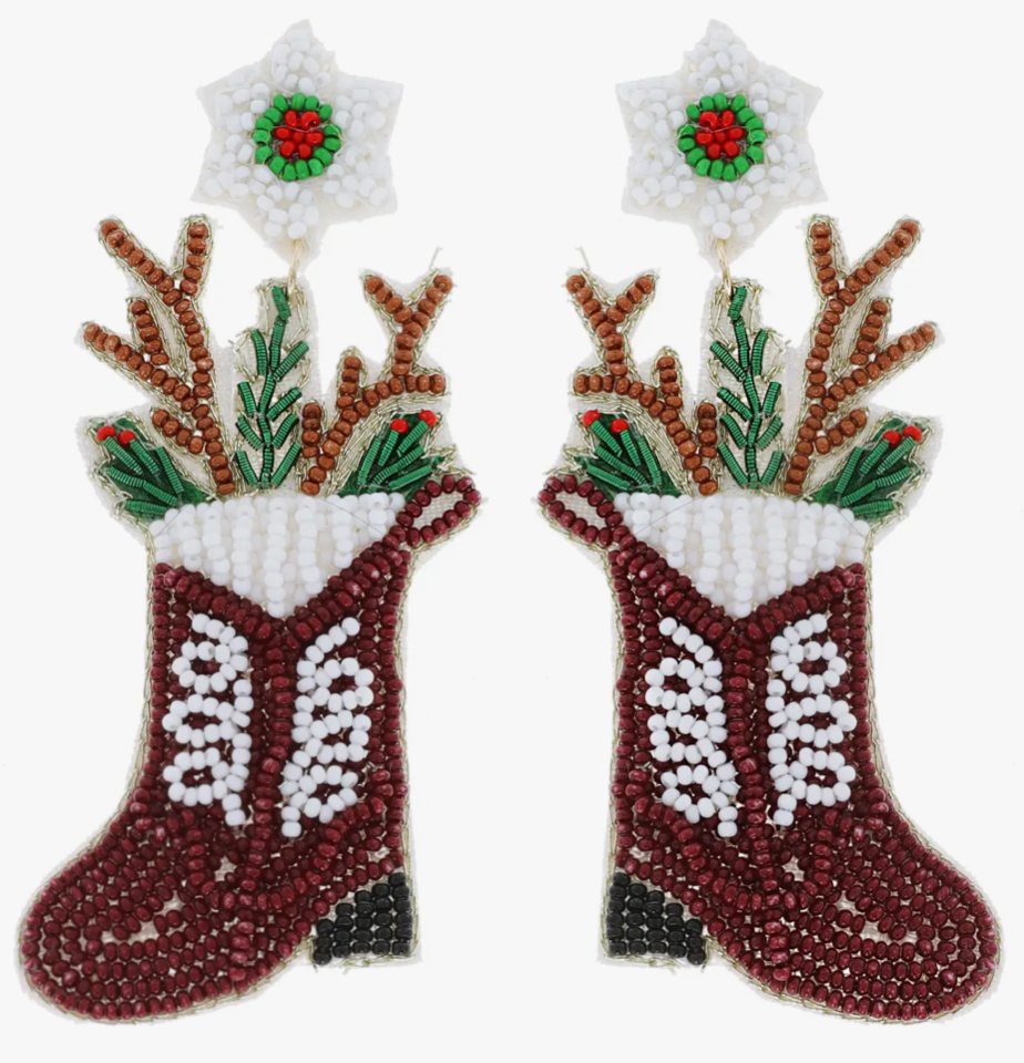 Christmas Cheer All Year Western Cowboy Christmas Boot Dangle Earrings