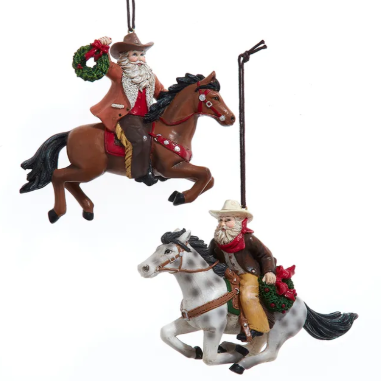 Christmas Cheer All Year Western Cowboy Santa Riding Horse Ornaments, 2 Assorted E0958