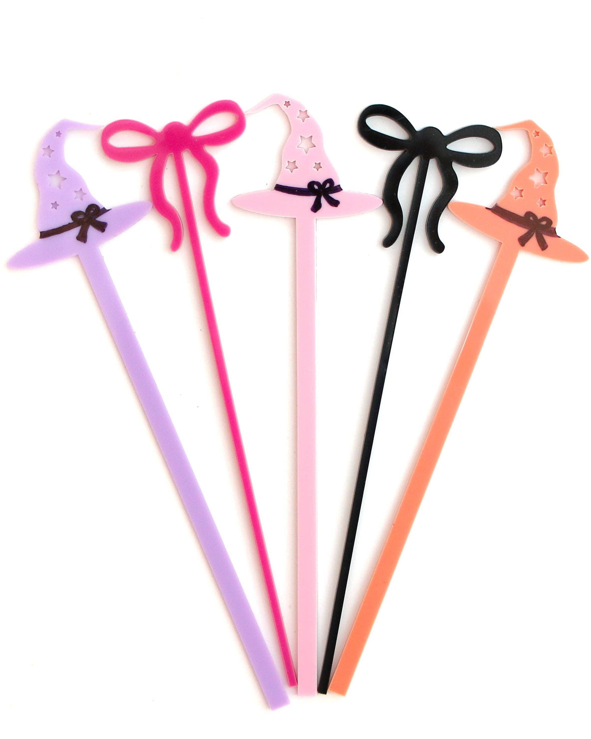 Christmas Cheer All Year acrylic witch hat party stir sticks with bows and stars in purple, pink, black, and orange for halloween drink stirrers