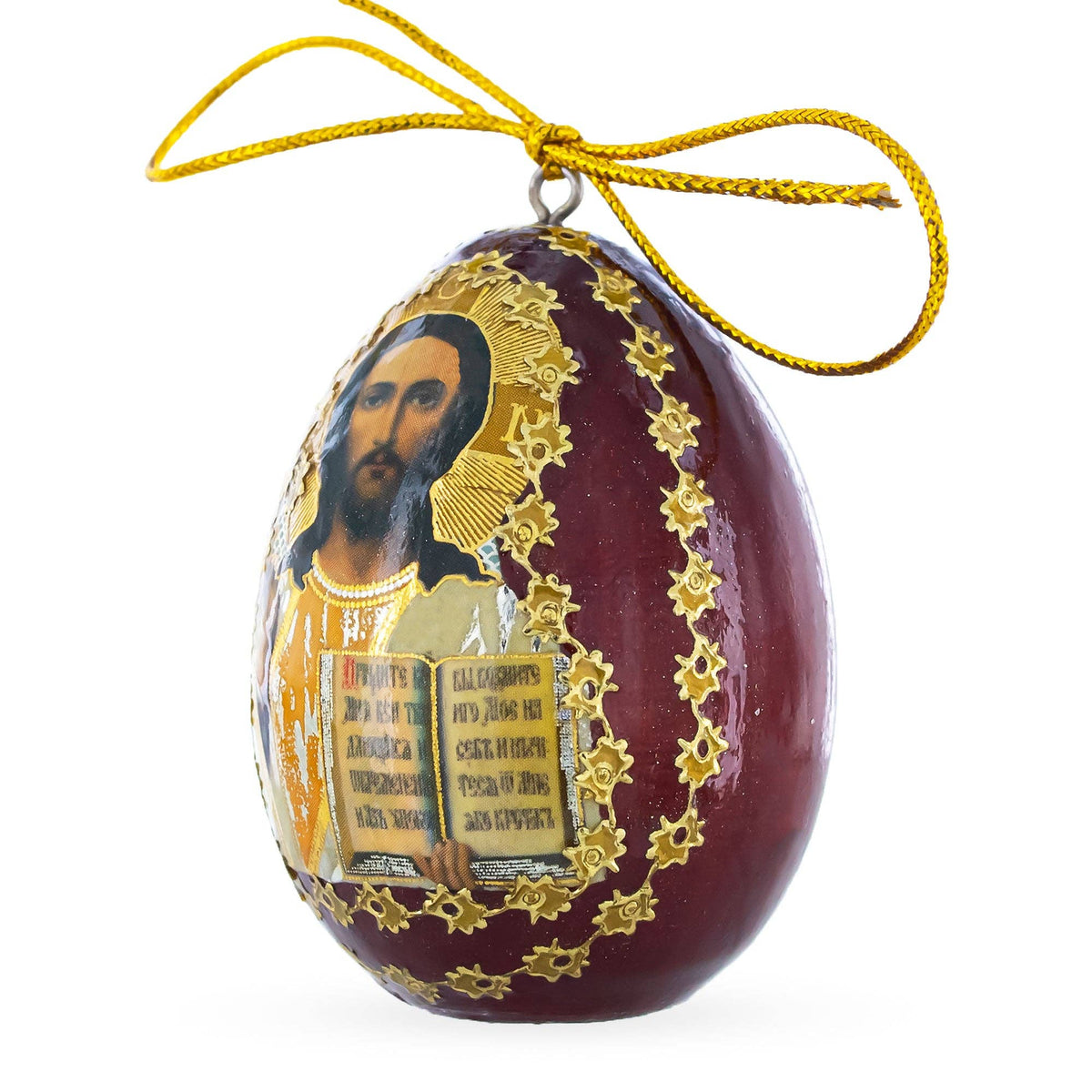 The Canton Christmas Shop Wooden Easter egg with Jesus Filigree Old World Europe Ornament Scripture Hand Painted