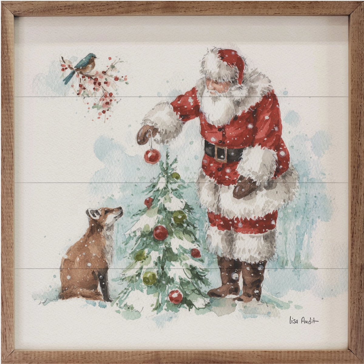 The Canton Christmas Shop Woodland Christmas with Santa Wall Art featuring Santa decorating Christmas tree fox and bluebird with snowy woods