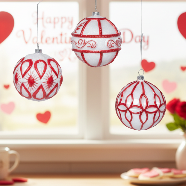 Christmas Cheer All Year Red Ornaments and a vase of roses at a kitchen window