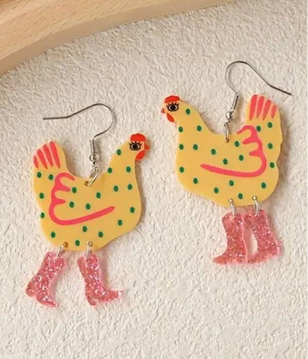 Colorful chicken-shaped earrings with polka dots and gold boots