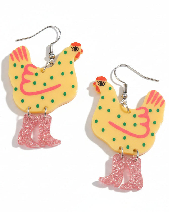 Christmas Cheer All Year Yellow Chicken-shaped earrings with green polka dots and pink accents with pink glitter cowboy boots 
