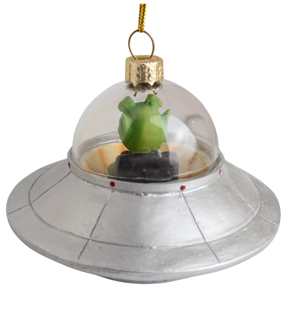 Christmas Cheer All Year Flying Saucer Alien Domed Silver Spacecraft with Green Alien Inside Ornament