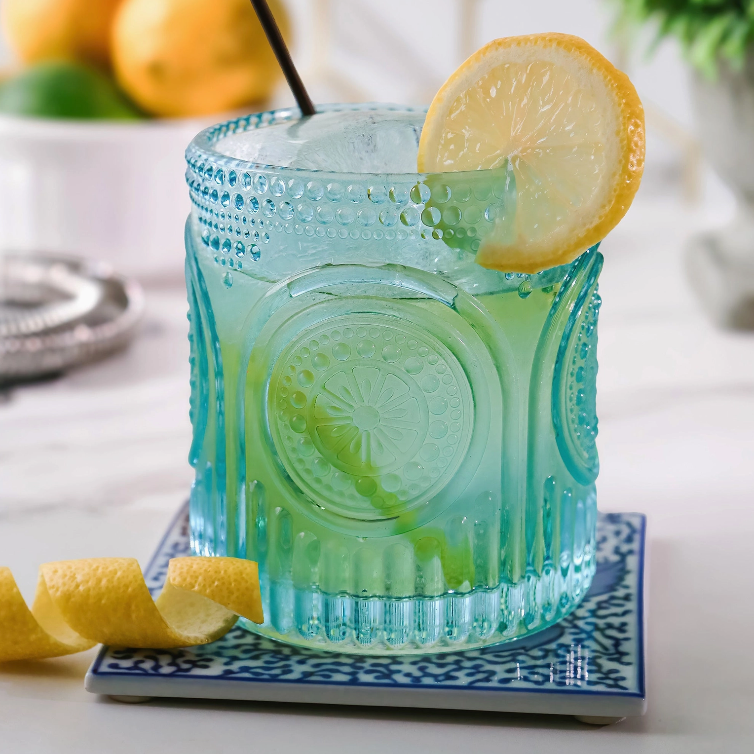 Ribbed Aqua Blue Old Fashioned Lowball Glasses Set of Six Christmas Cheer All Year