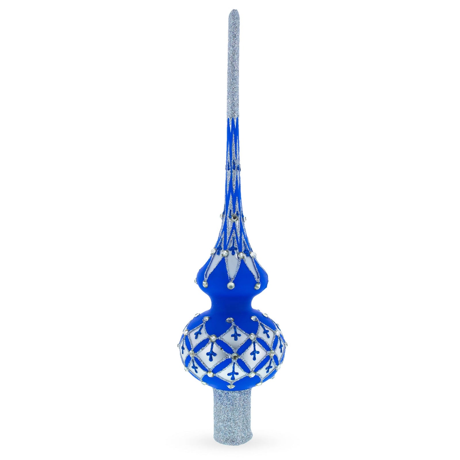 Decorative blue and silver Christmas tree topper on a white background