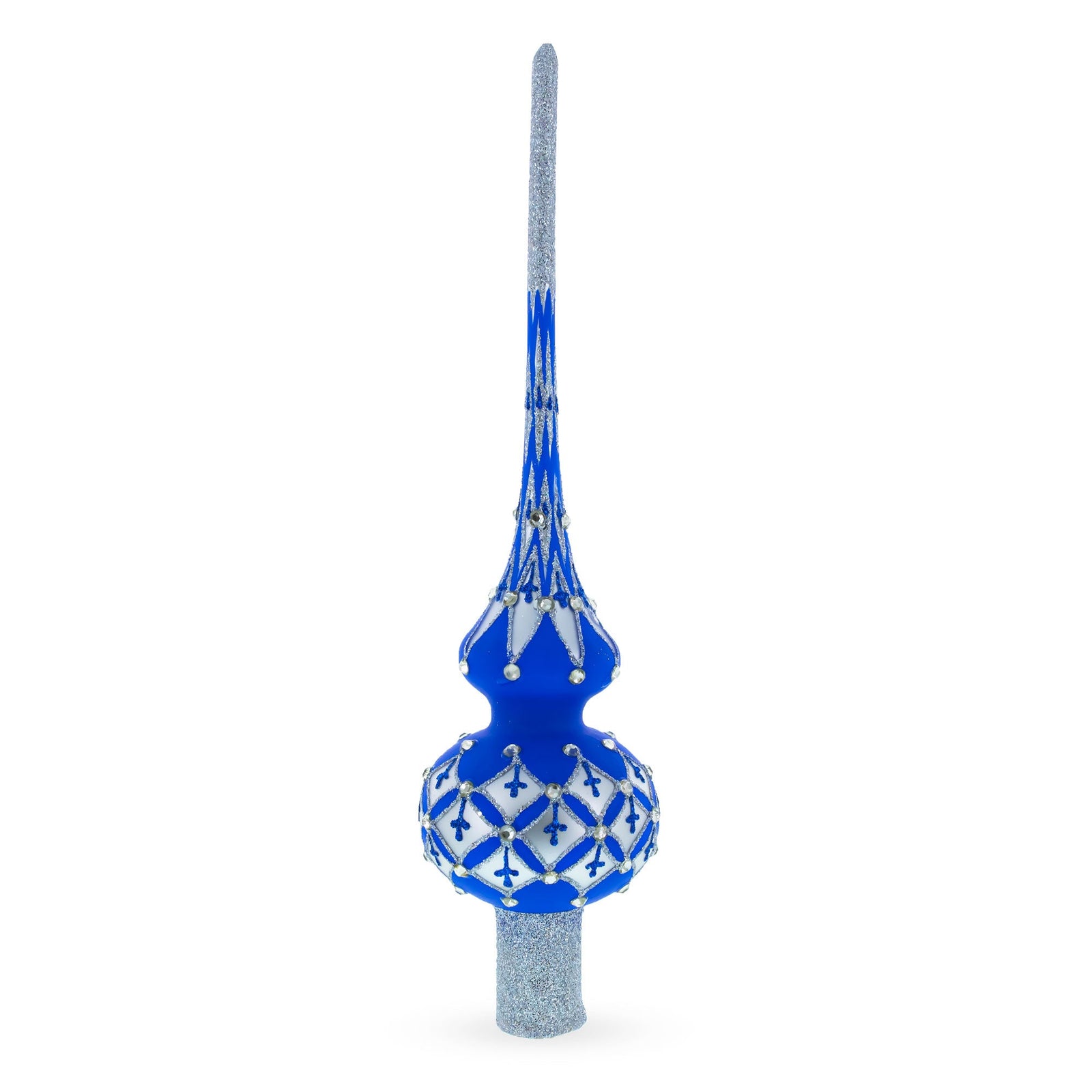 Decorative blue and silver Christmas tree topper on a white background