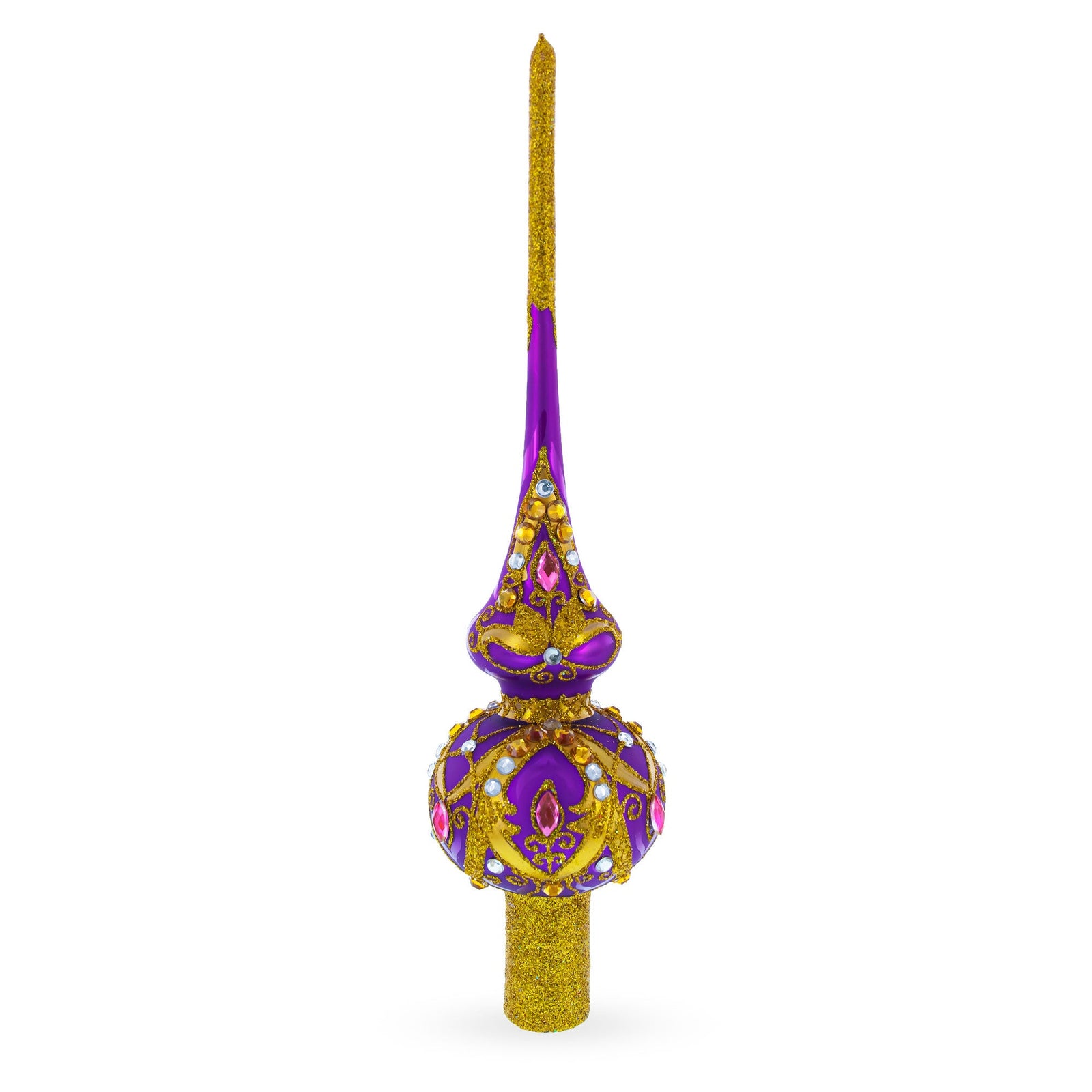 Decorative purple and gold tree topper with pink gemstones on a white background