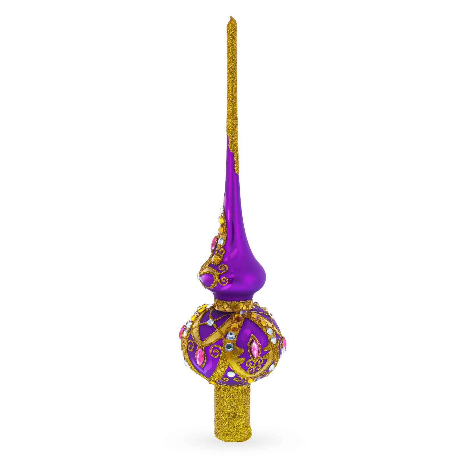 Decorative purple and gold tree topper with pink gemstones on a white background