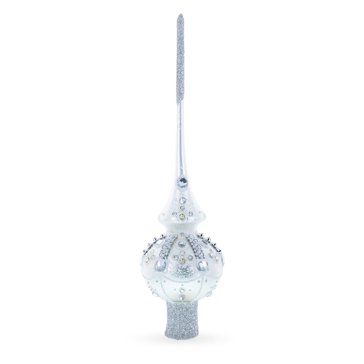 Decorative silver Christmas tree topper with gemstones on a white background