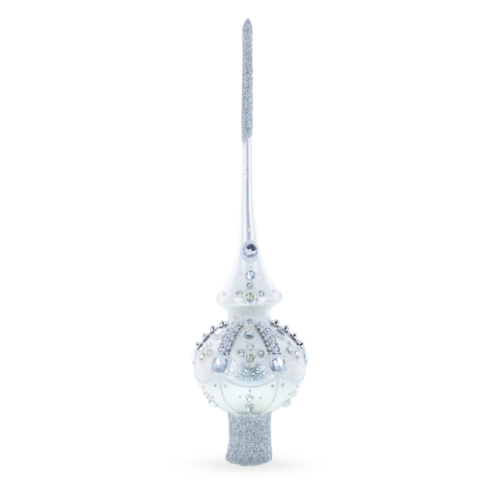 Decorative silver Christmas tree topper with gemstones on a white background