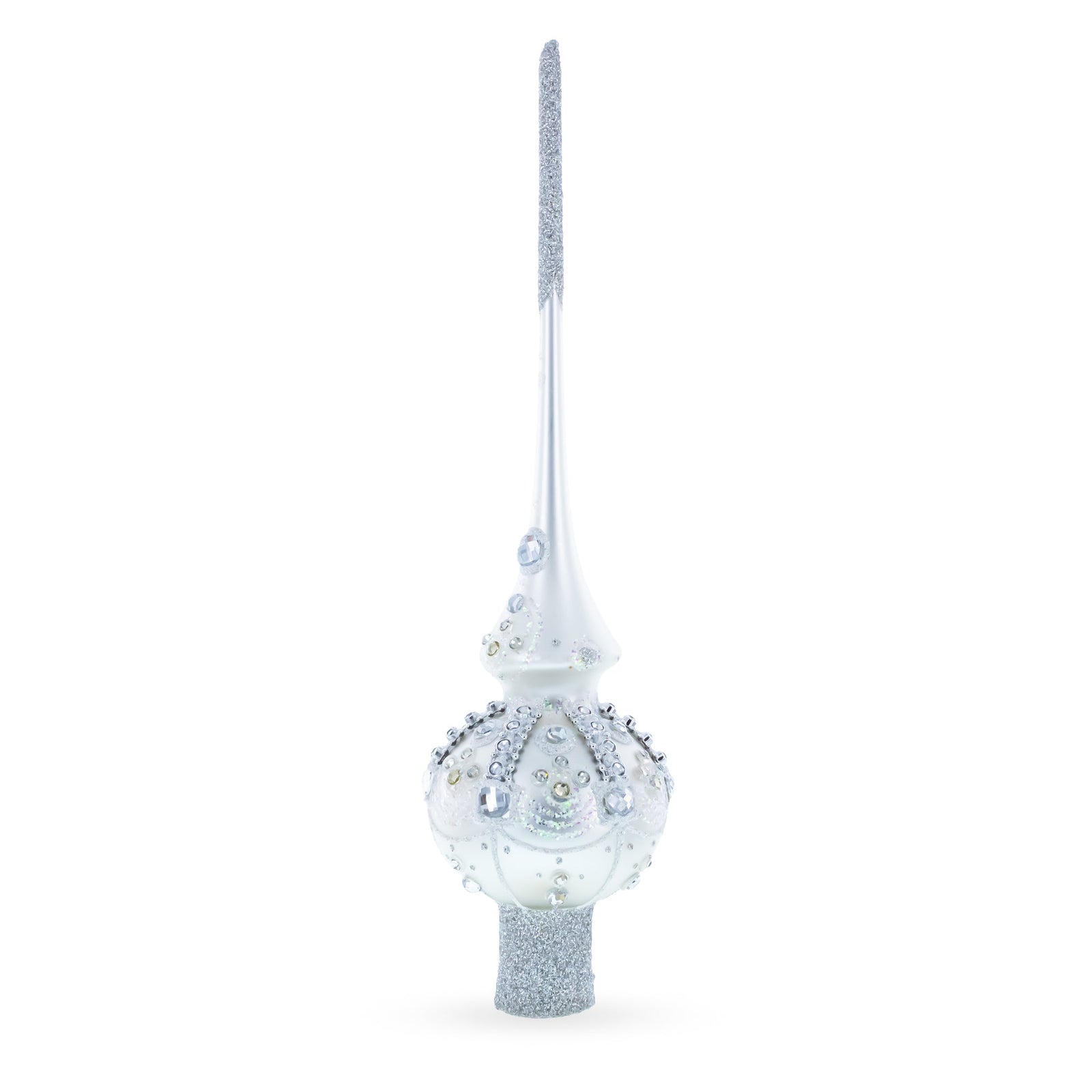 Decorative silver Christmas tree topper with gemstones on a white background