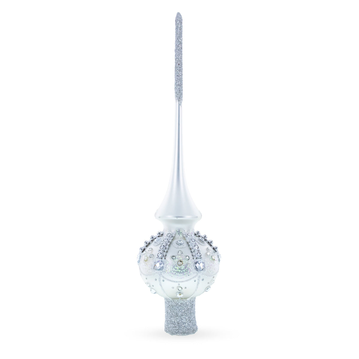 Decorative Christmas ornament with a silver top and base on a white background