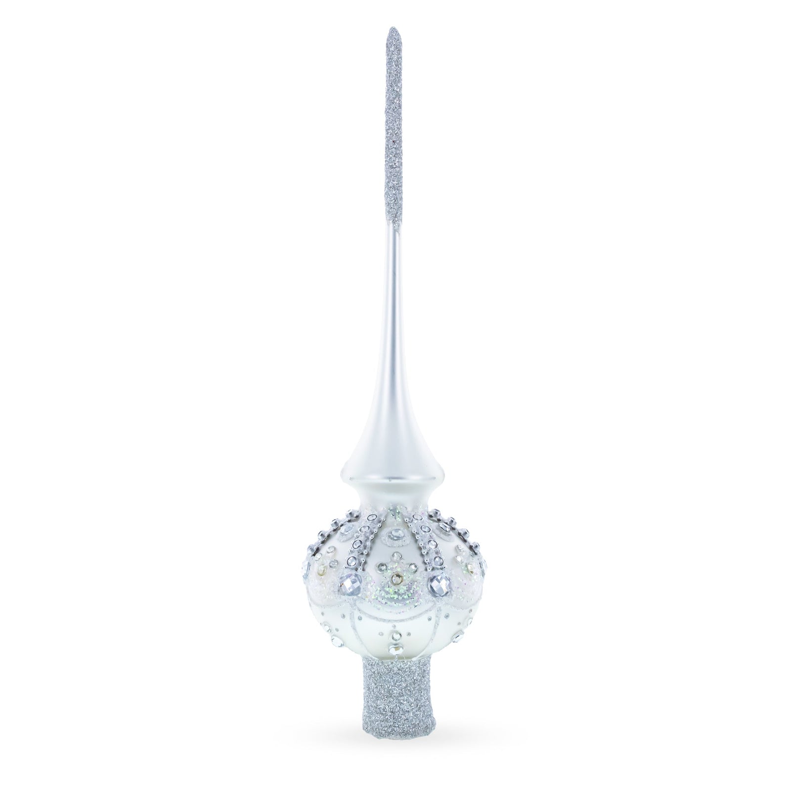 Decorative Christmas ornament with a silver top and base on a white background