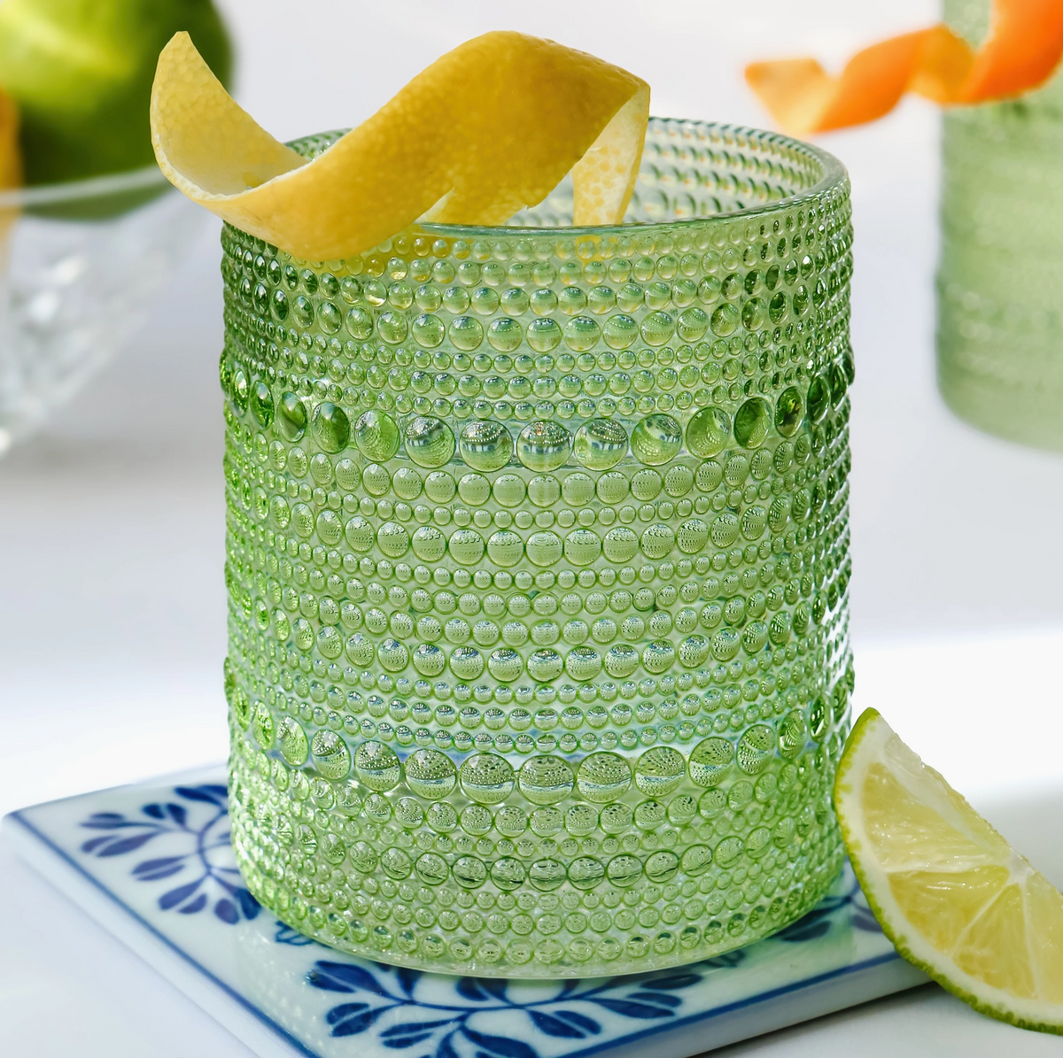 The Canton Christmas Shop 10 oz. beaded sage green old fashioned glasses set of 6 with lemon twist