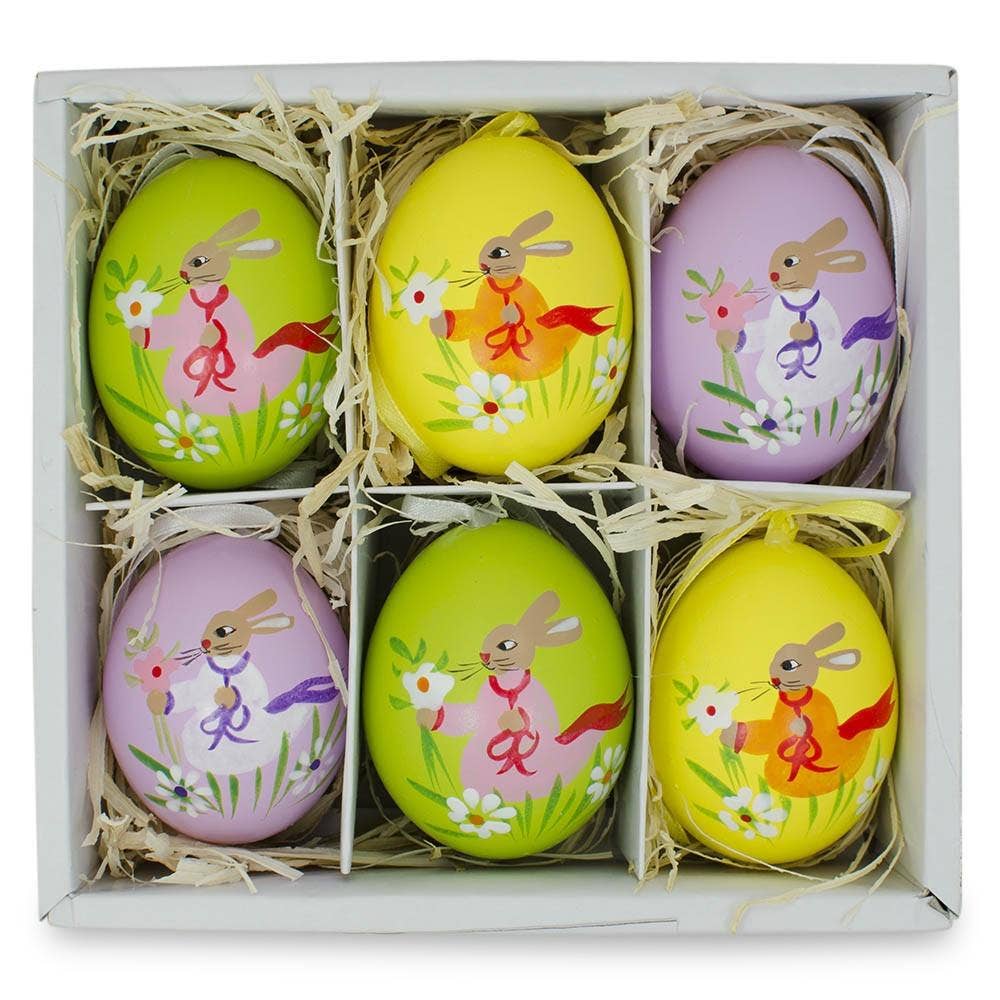 Christmas Cheer All Year Bunny Rabbit painted easter resurrection eggs in box set of six for holiday egg hunt display decor