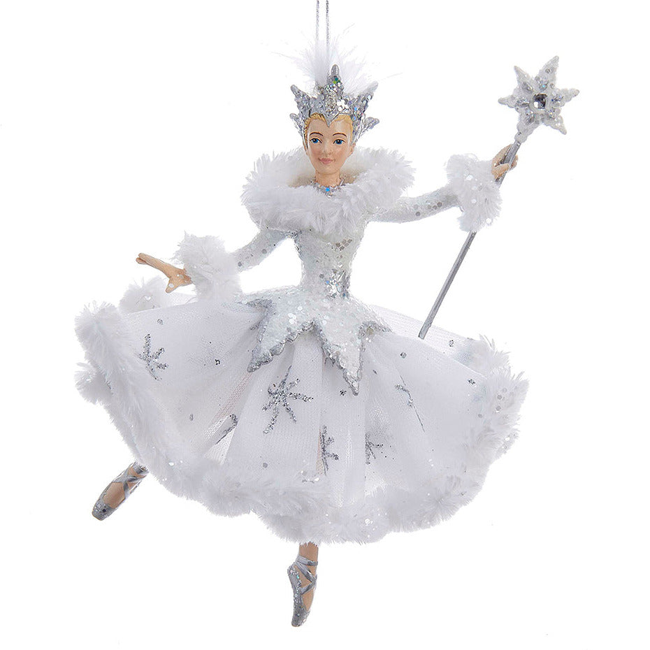 Decorative figure of a ballerina in a white outfit with silver accents, holding a wand on a white background by Kurt Adler Christmas Cheer All year