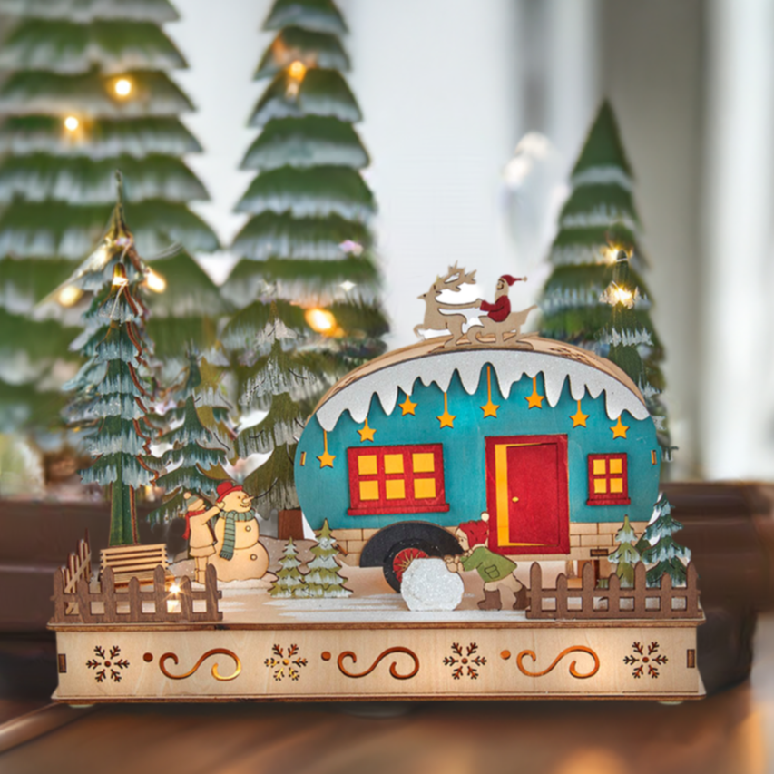 7 1/2" Battery Operated Wooden Light-Up Camper With Santa Snowman Child and Lights
