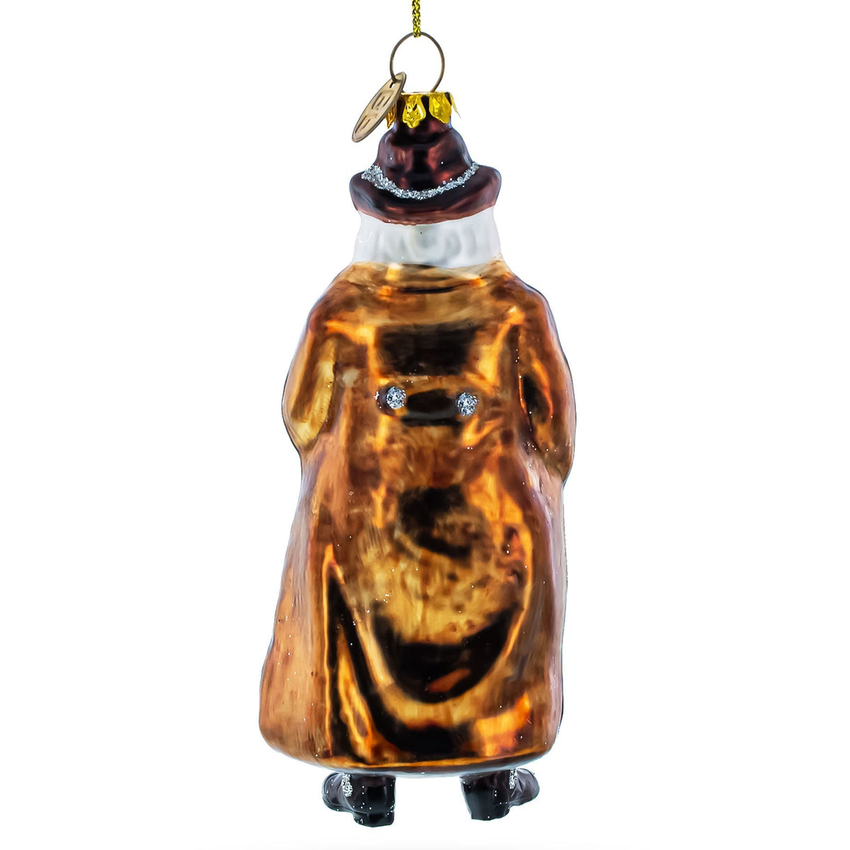 Decorative glass ornament of a western santa figure with a white background