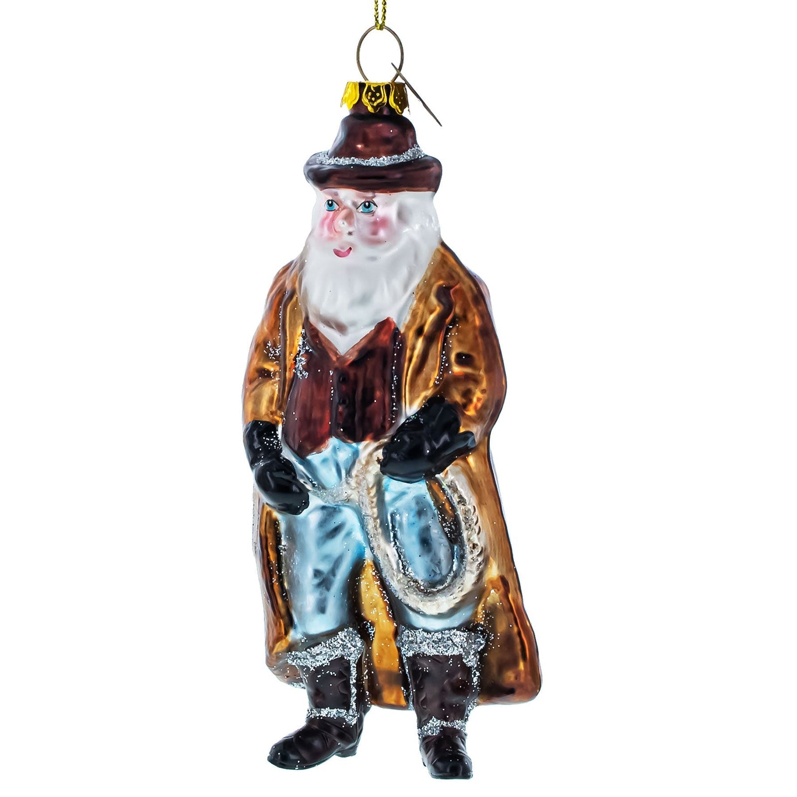 Glass ornament of a traditional Santa Claus figure with a brown coat and white beard on a white background.