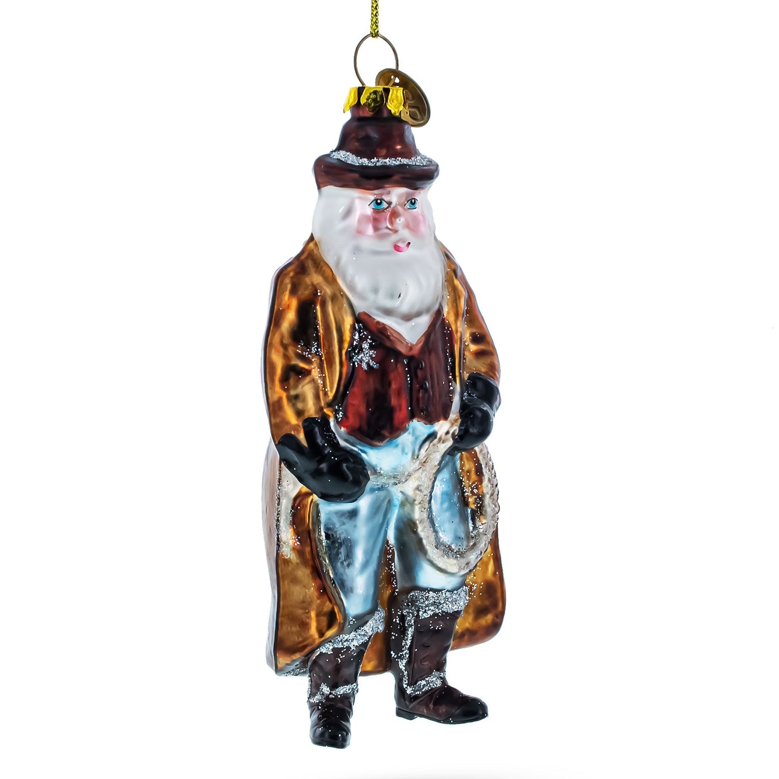 Glass ornament of a traditional Santa Claus figure with a brown coat and white beard on a white background.