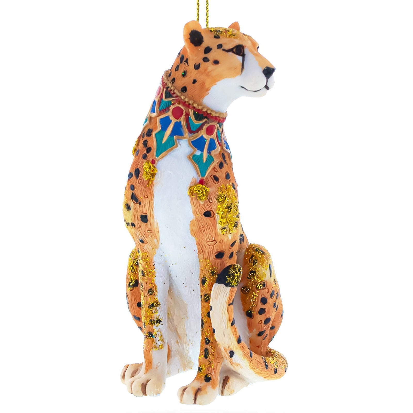 Decorative cheetah ornament with colorful patterns on a white background