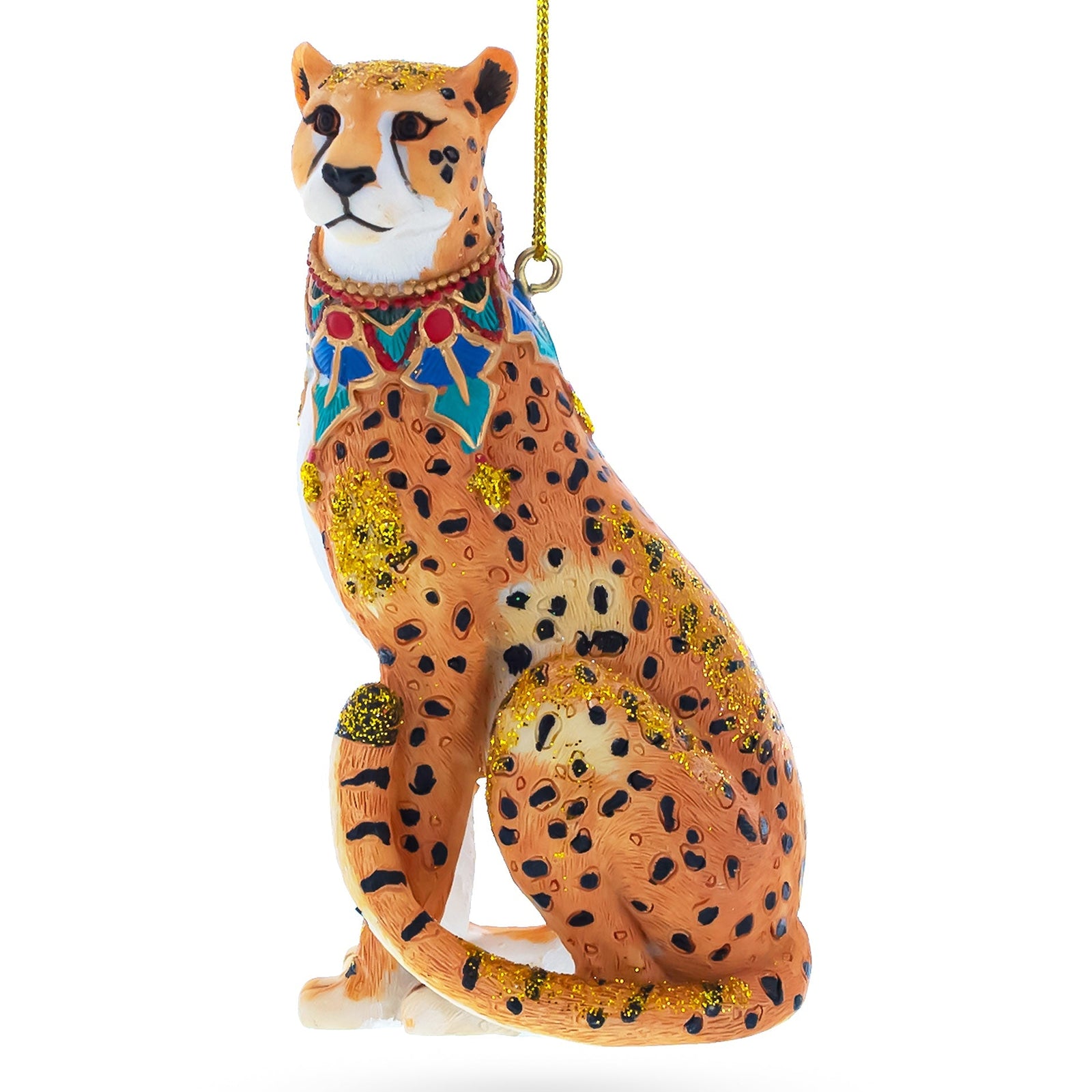 Decorative cheetah ornament with colorful patterns on a white background