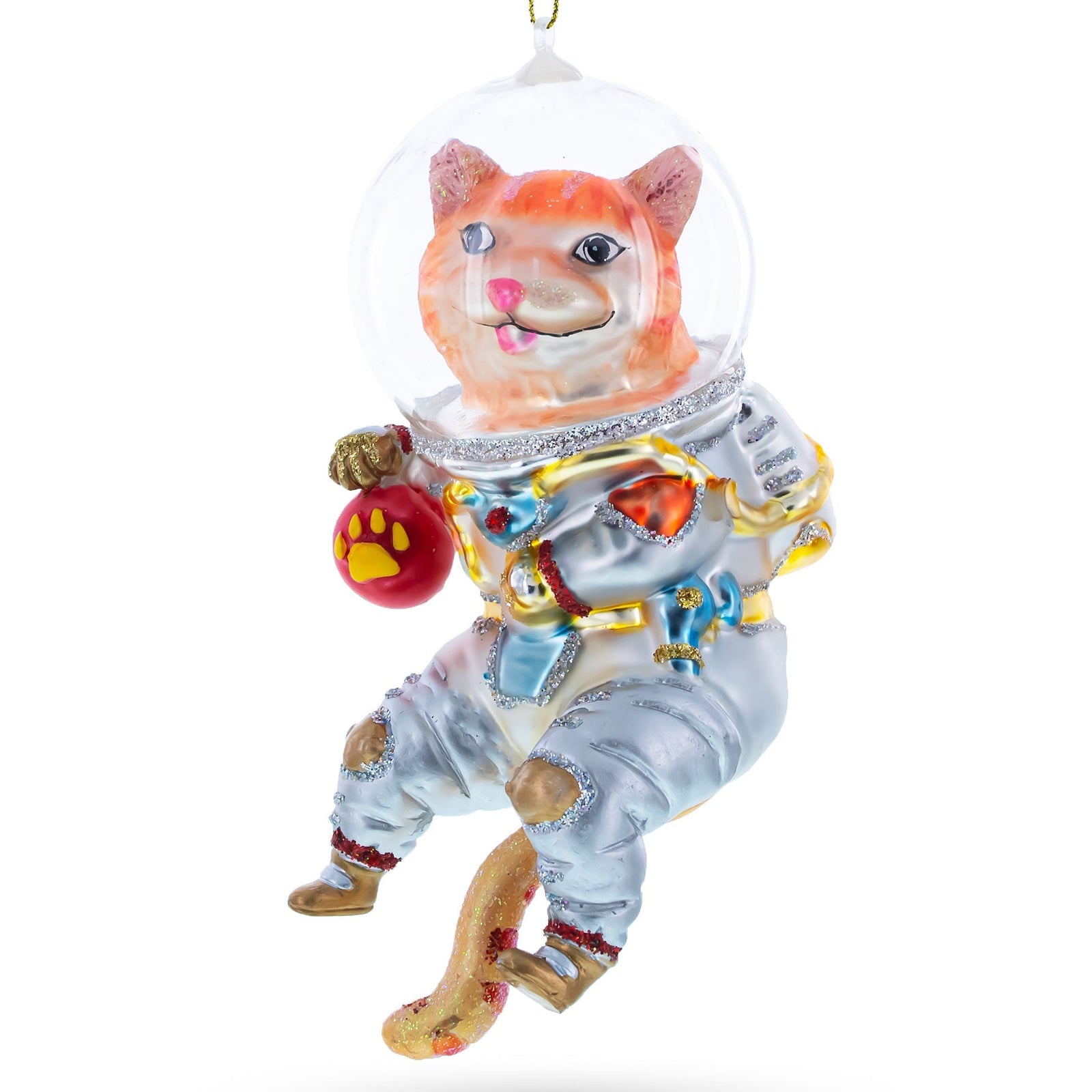 Cat astronaut ornament with a clear dome on a white background