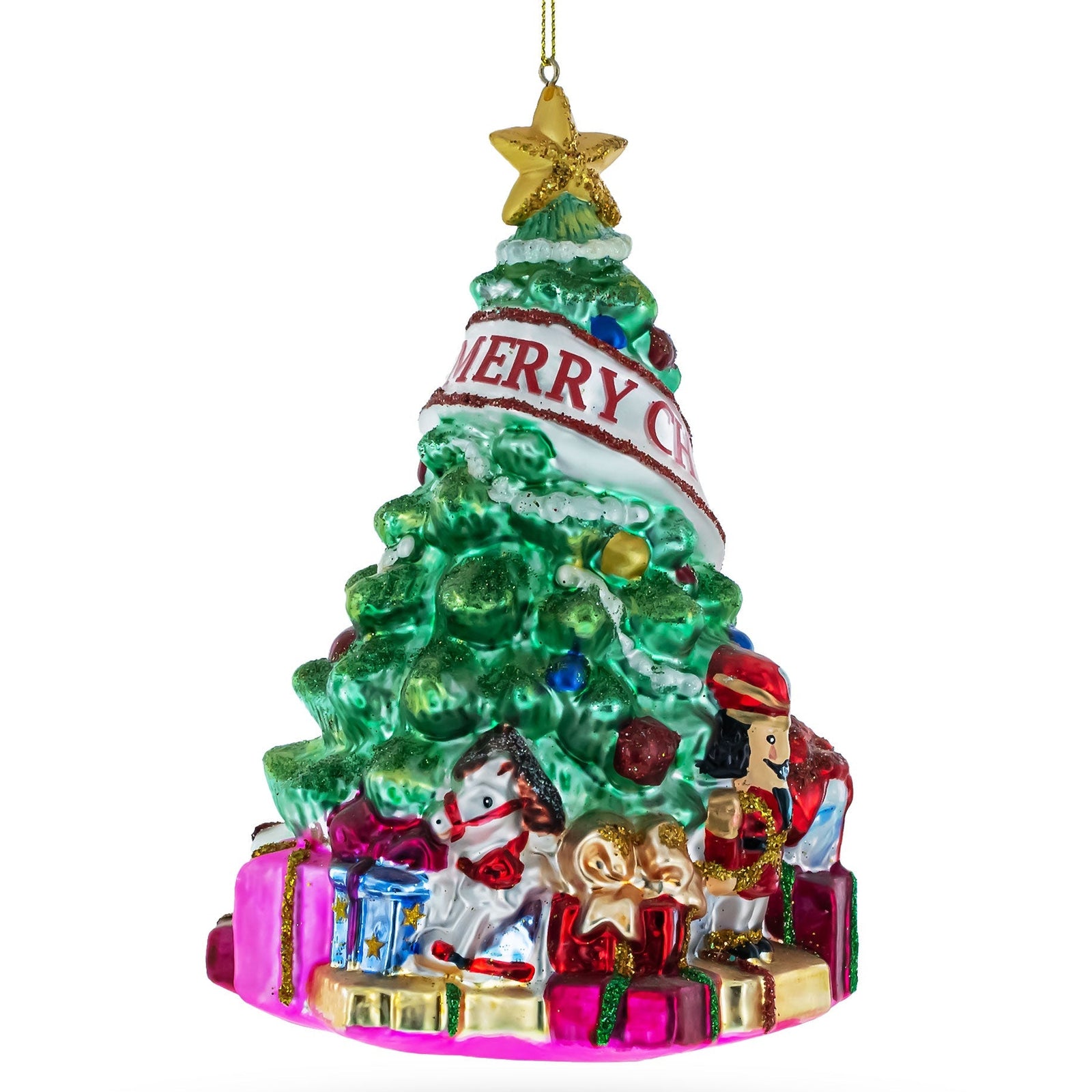 Decorative Christmas tree ornament with presents and a star on a white background